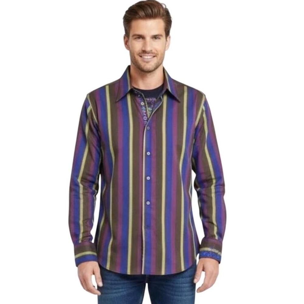Robert Graham Striped Shirt XL Men Brown Blue Silk Flip Cuff Embroidered Buttons